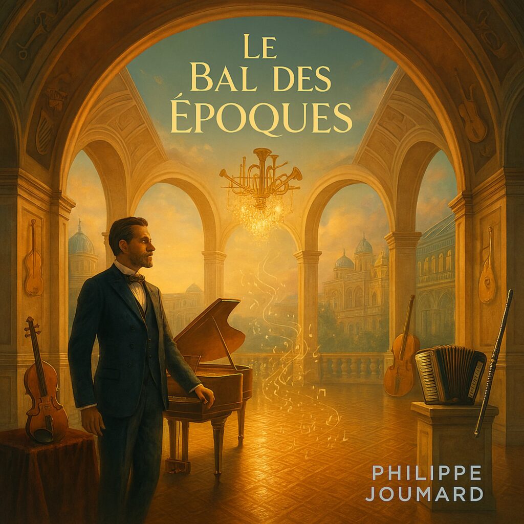 Official artwork of the single Le Bal des Époques by electronic producer Philippe JOUMARD, featuring a man in a suit standing next to a grand piano in a classical palace with musical instruments.