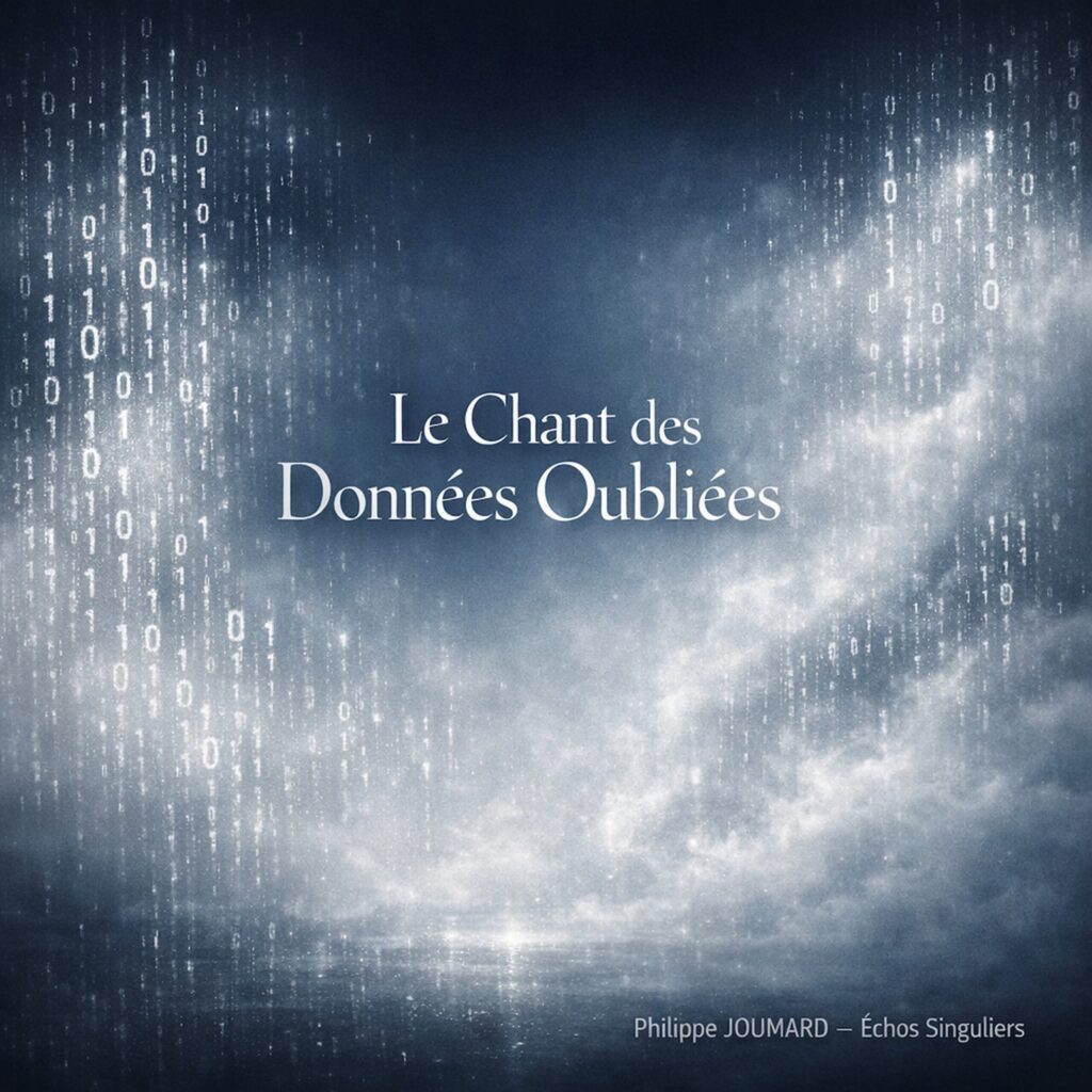 Official artwork of the single Le Chant des Données Oubliées by electronic producer Philippe JOUMARD, featuring glowing streams of digital binary code matrix falling into misty white clouds.
