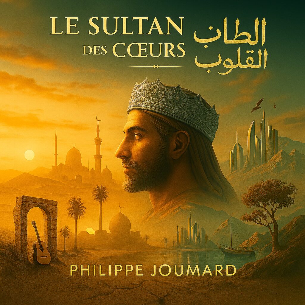 Official artwork of the single Le Sultan des Cœurs by electronic producer Philippe JOUMARD, featuring a profile portrait of a king with a crown over a golden desert landscape.