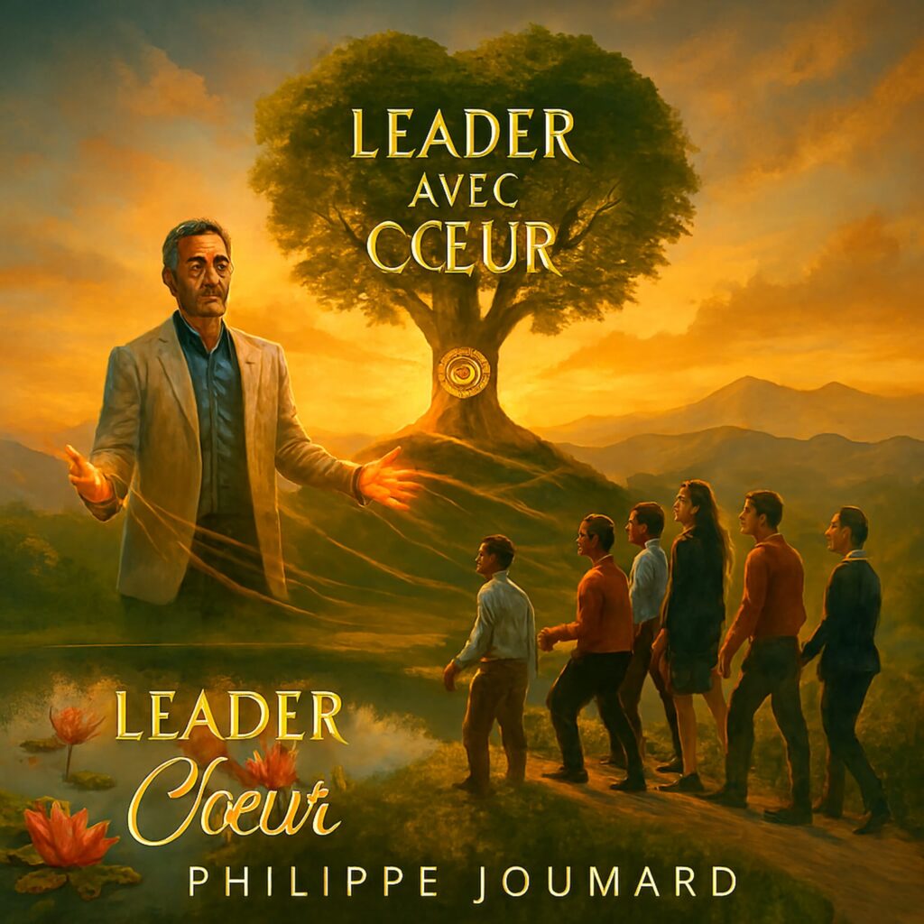 Official artwork of the single Leader avec Cœur by electronic producer Philippe JOUMARD, featuring a mature leader figure guiding a group of people towards a giant tree at sunset.