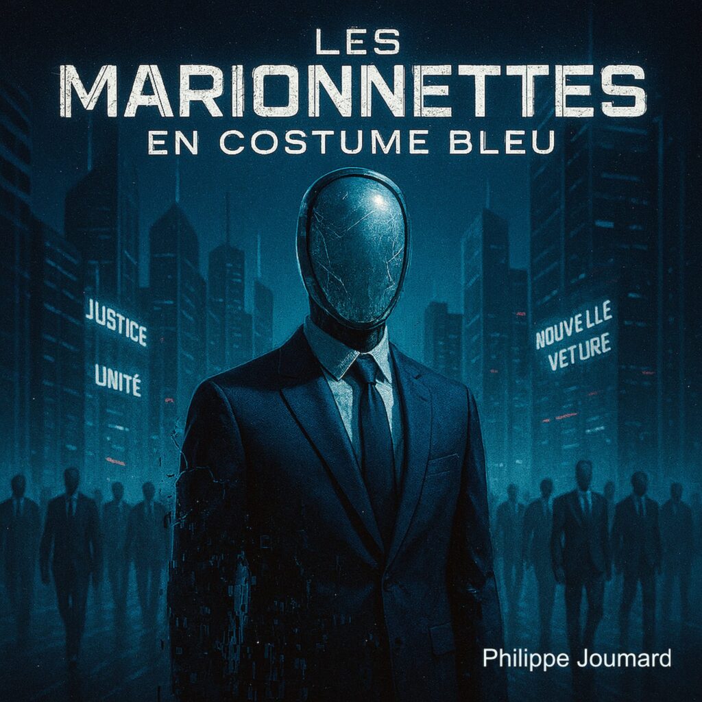 Official artwork of the single Les Marionnettes en Costume Bleu by electronic producer Philippe JOUMARD, featuring a futuristic figure with a metallic mask in front of a corporate crowd and skyscrapers.