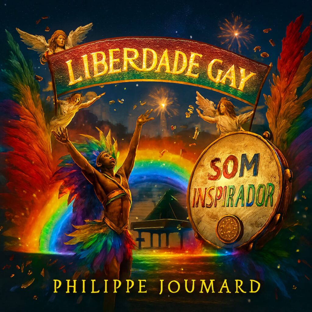 Official artwork of the single Liberdade Gay Som Inspirador by electronic producer Philippe JOUMARD, featuring a carnival dancer, angels, a rainbow, and a tambourine under a festive night sky.