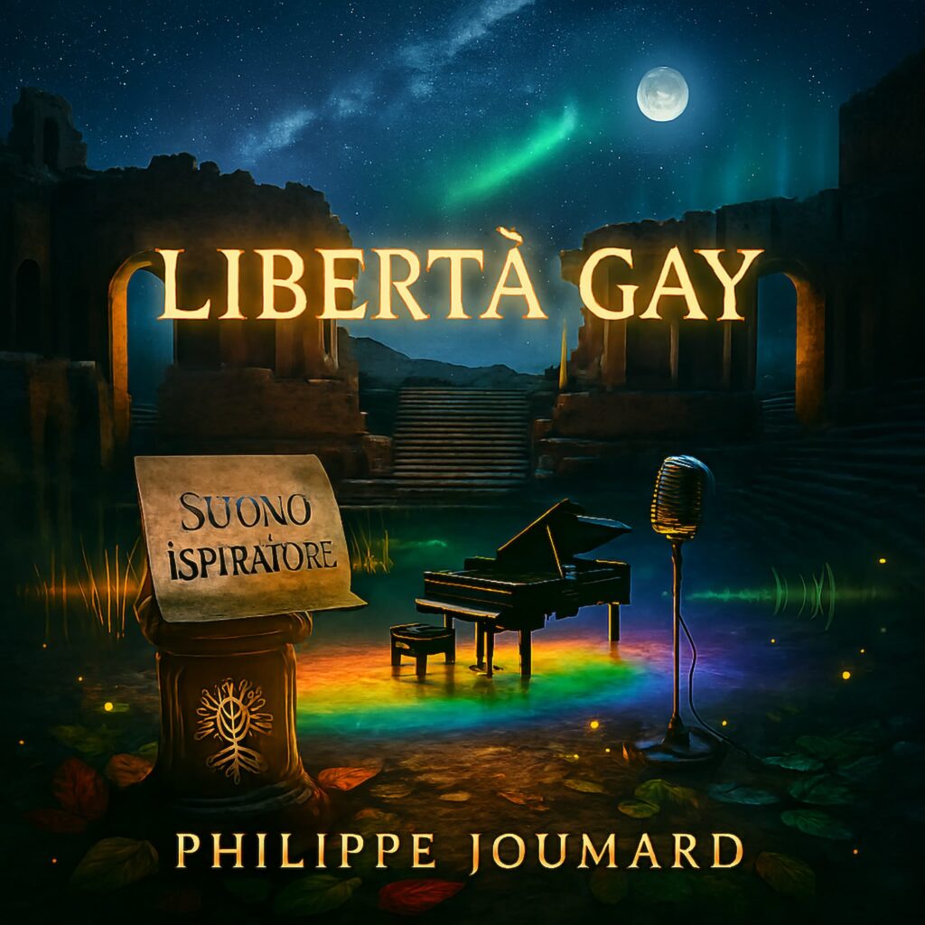 Official artwork of the single Libertà Gay Suono Ispiratore by electronic producer Philippe JOUMARD, featuring a grand piano, a vintage microphone, and a stone podium in ancient ruins under a starry night sky.