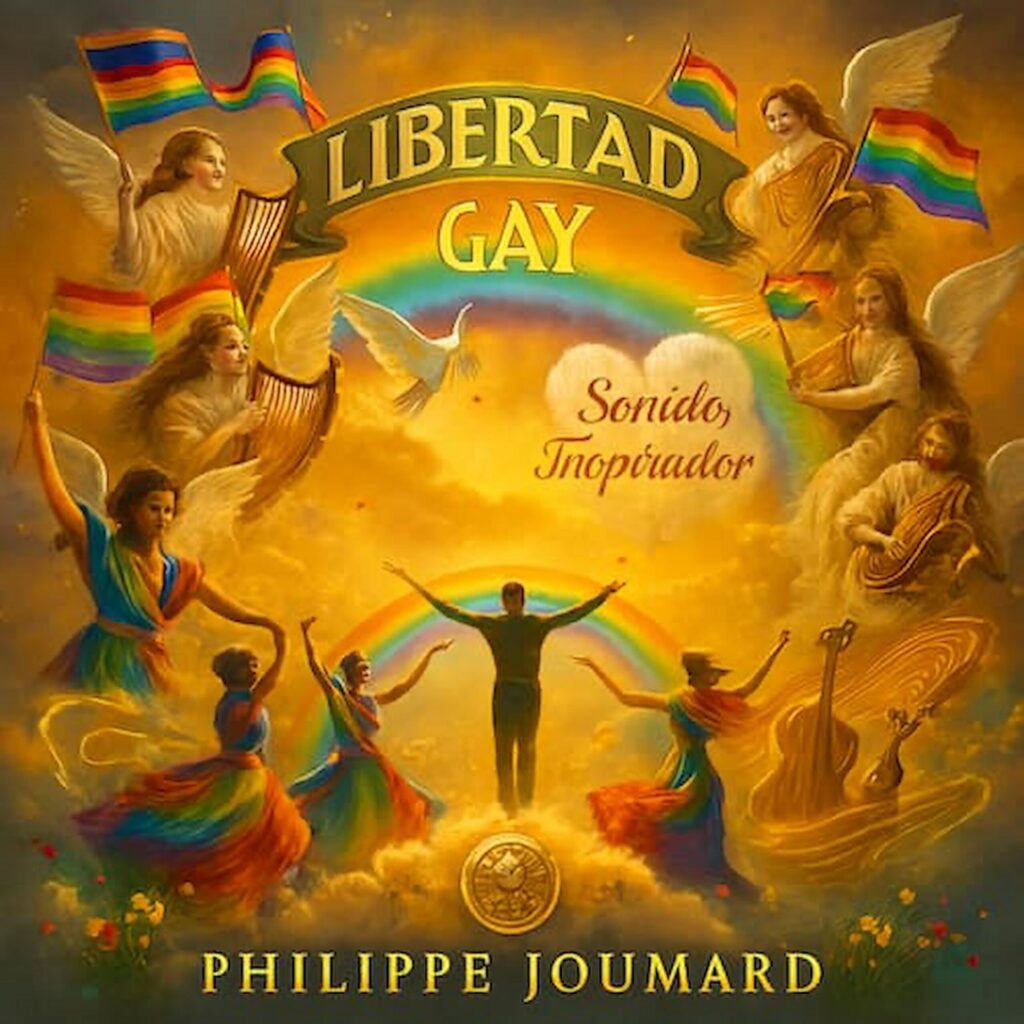 Official artwork of the single Libertad Gay Sonido Inspirador by electronic producer Philippe JOUMARD, featuring angels with pride flags, a dove, and people dancing under a golden rainbow sky.