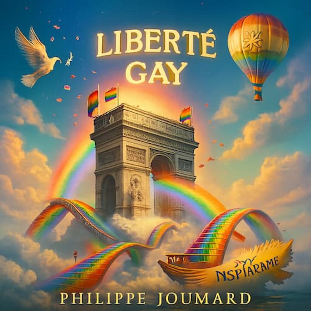 Official artwork of the single Liberté Gay Son Inspirant by electronic producer Philippe JOUMARD, featuring the Arc de Triomphe in Paris with rainbow paths, pride flags, and a colorful hot air balloon.