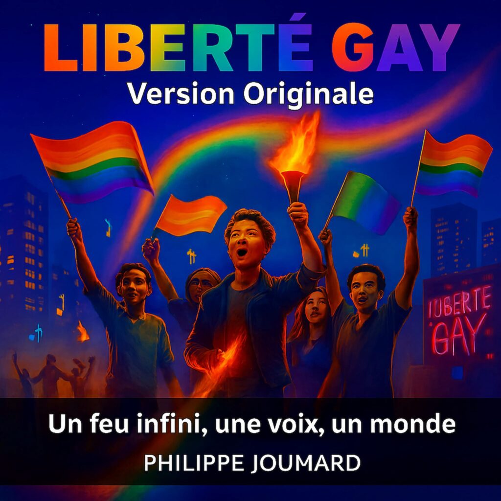 Official artwork of the single Liberté Gay Version Originale by multilingual composer Philippe JOUMARD, featuring a group of people holding pride flags and a burning torch under a rainbow at night.