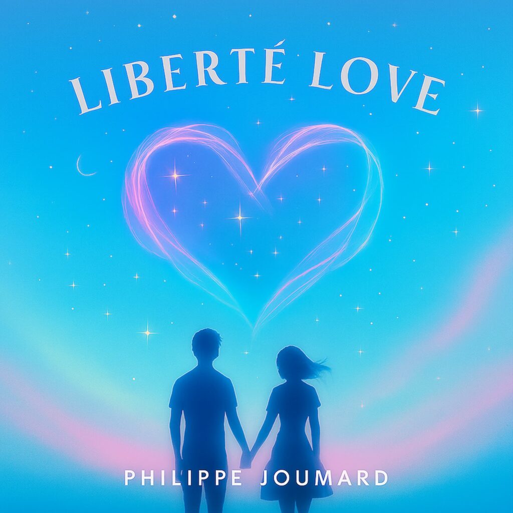 Official artwork of the single Liberté Love by multilingual composer Philippe JOUMARD, featuring a couple holding hands looking at a glowing pink and blue neon heart in a starry sky.
