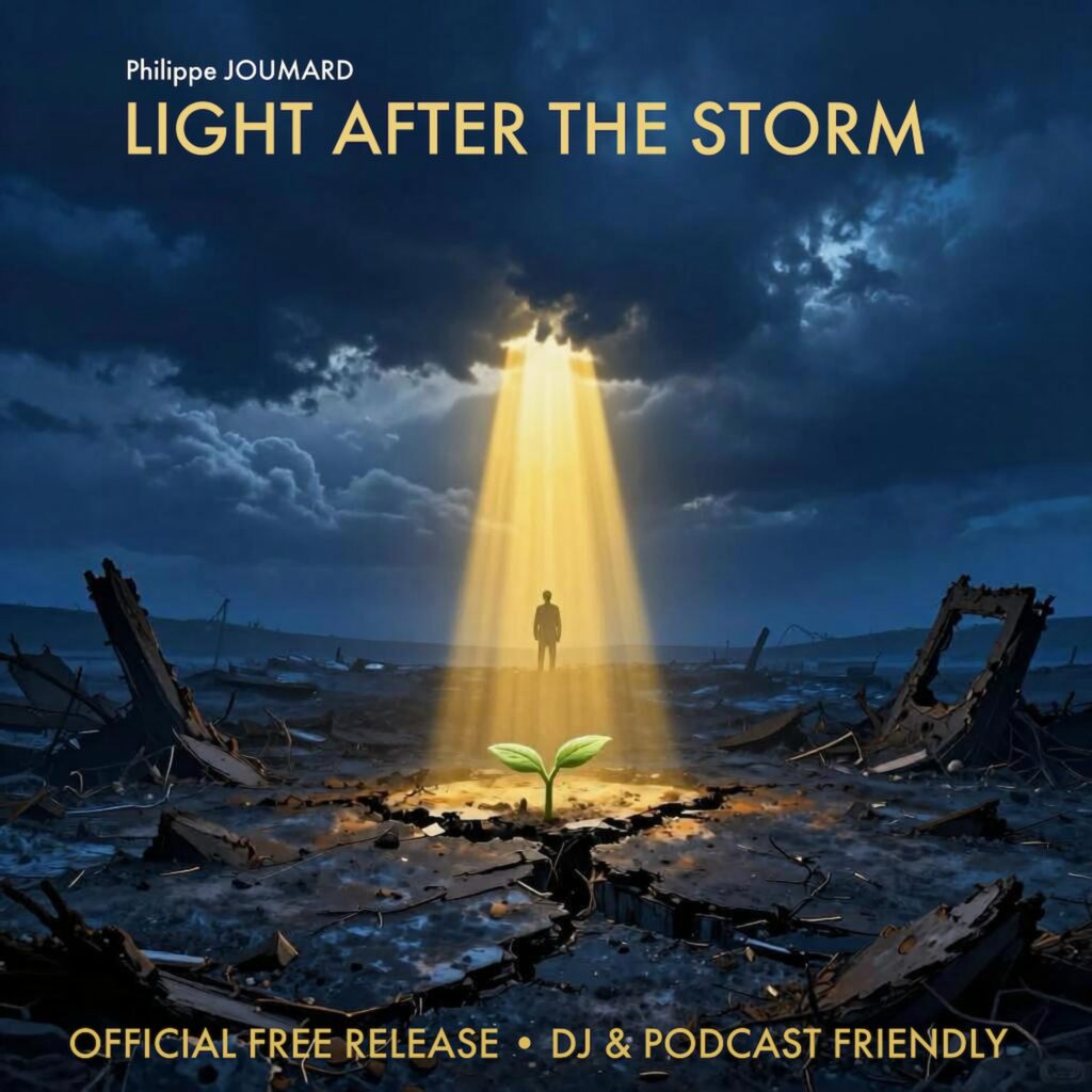 Official artwork of the single Light after the storm by electronic producer Philippe JOUMARD, featuring a yellow light beam over a plant sprout in ruins, symbolic of the Ukraine flag colors.