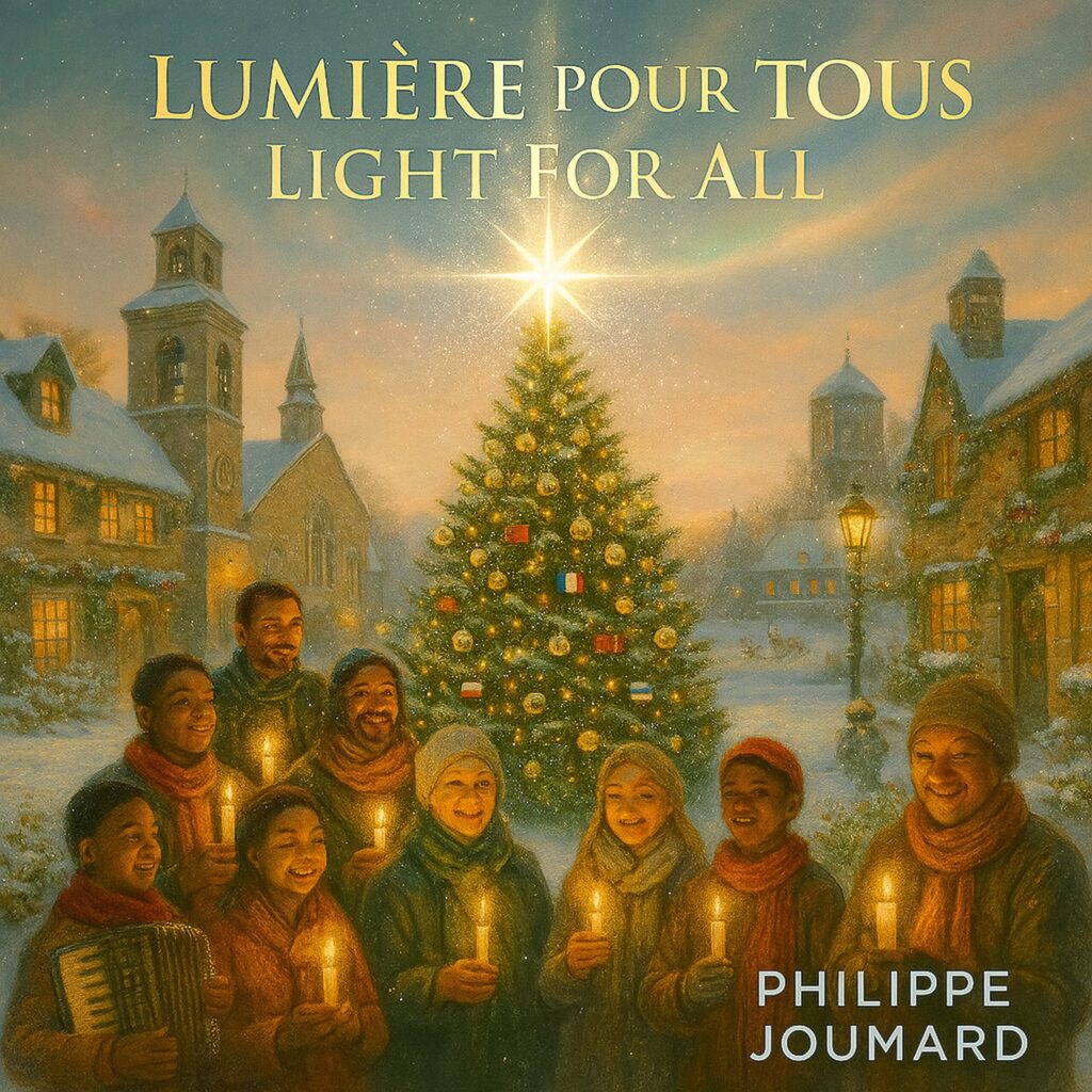 Official artwork of the single Lumière pour tous Light for All by electronic producer Philippe JOUMARD, featuring a diverse choir holding candles in front of a Christmas tree in a snowy village.