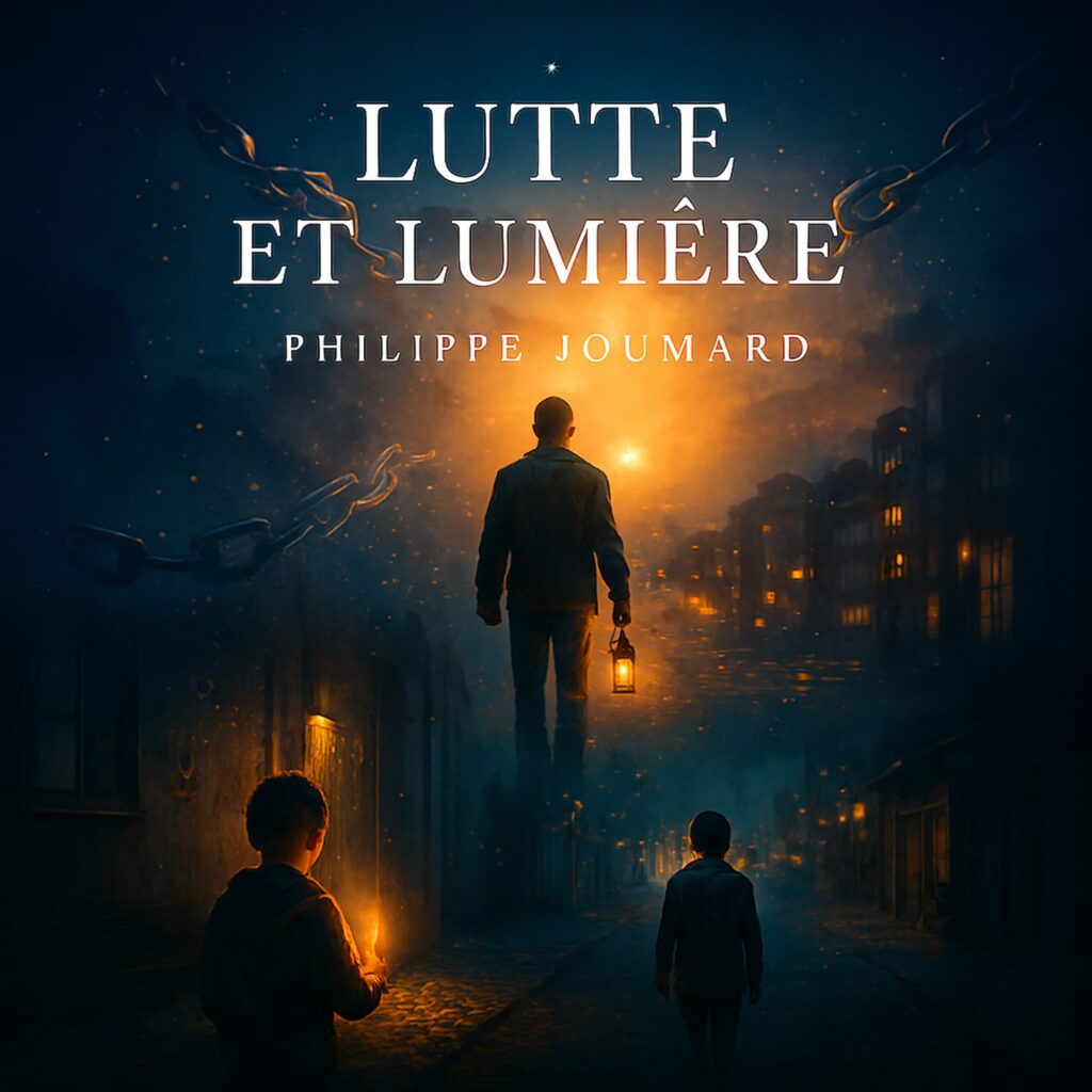 Official artwork of the single Lutte et Lumière by electronic producer Philippe JOUMARD, showing silhouettes holding lanterns in a dark street facing a bright golden sky with broken chains.
