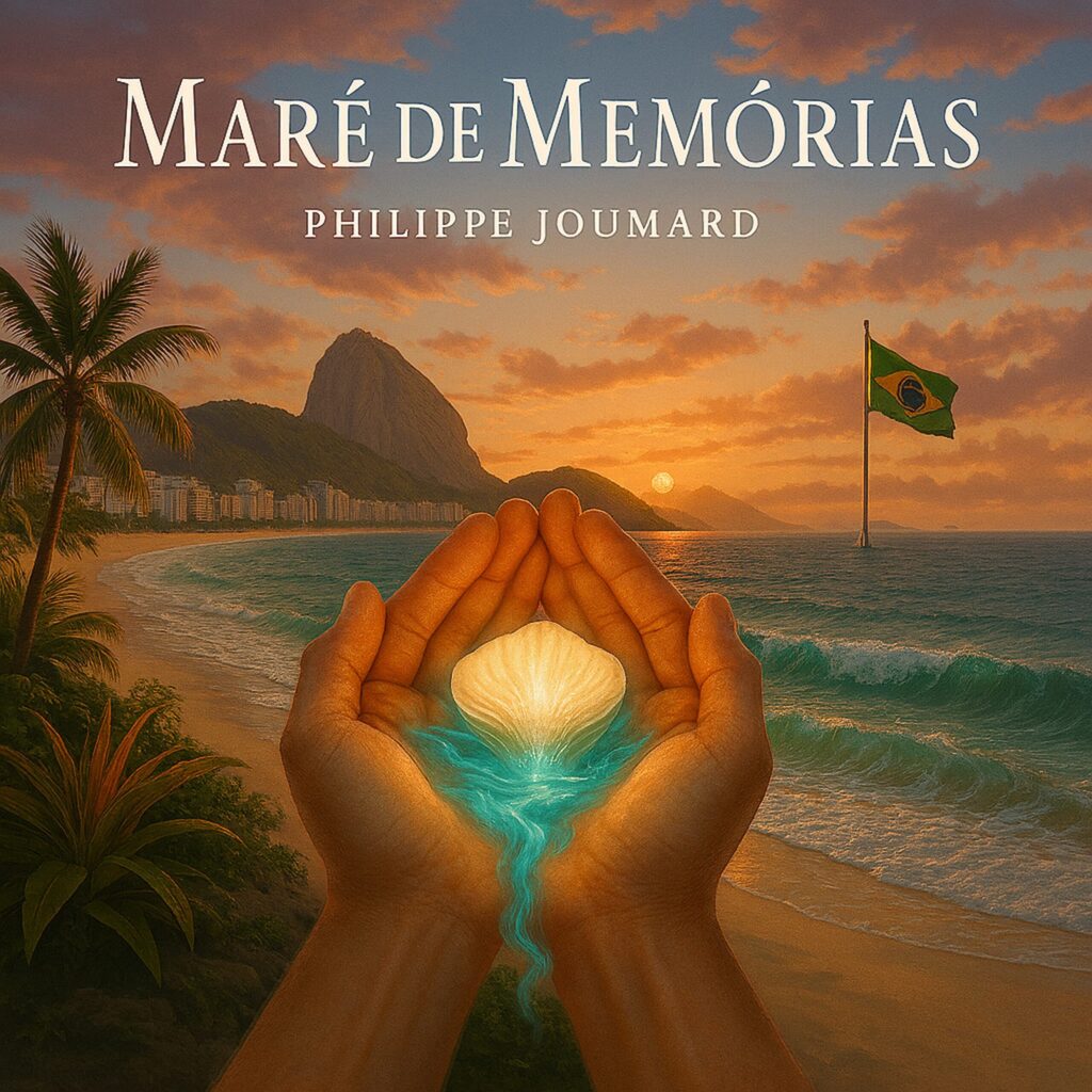 Official artwork of the single Maré de Memórias Brazilian Version by electronic producer Philippe JOUMARD, featuring hands holding a glowing seashell on a Rio de Janeiro beach with a Brazil flag at sunset.
