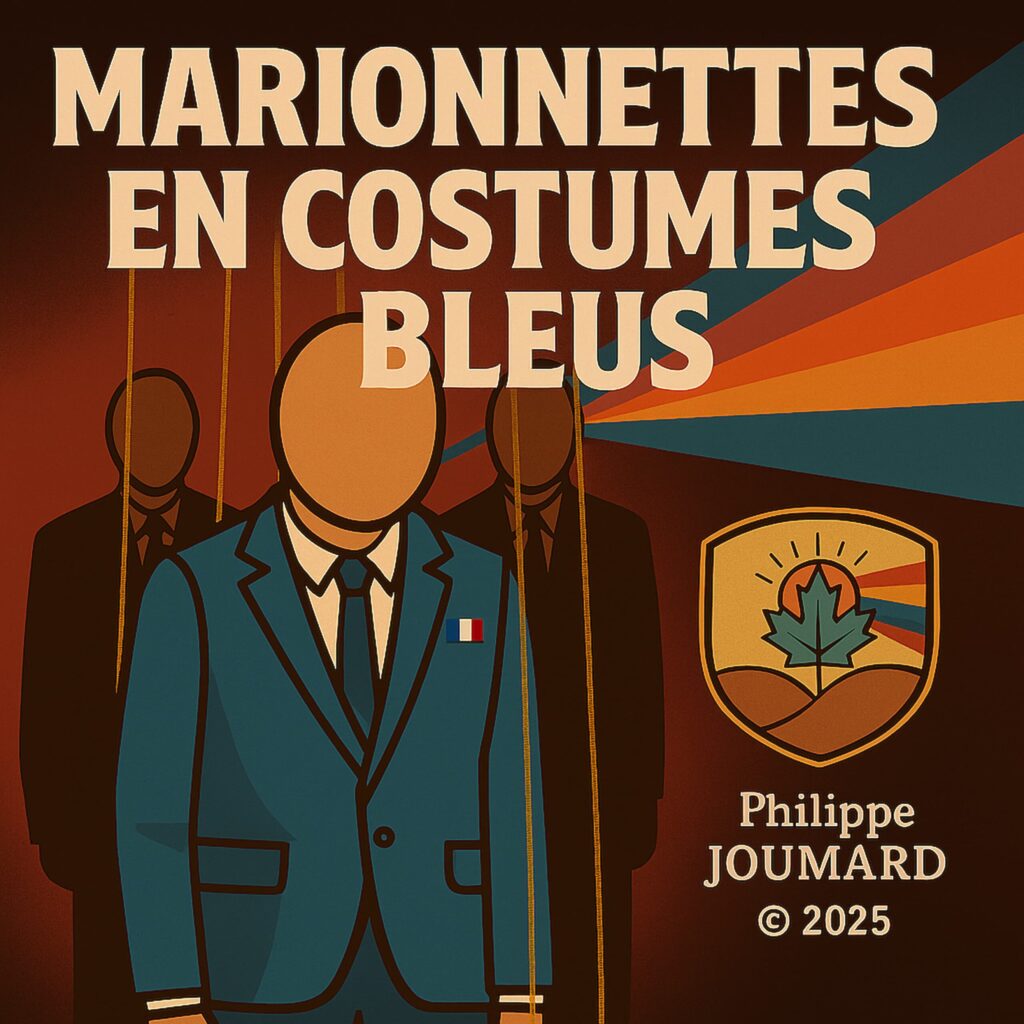 Official artwork of the single Marionnettes en costumes bleus by electronic producer Philippe JOUMARD, showing faceless puppet figures in business suits with a French flag pin, marionette strings, and a rainbow beam.