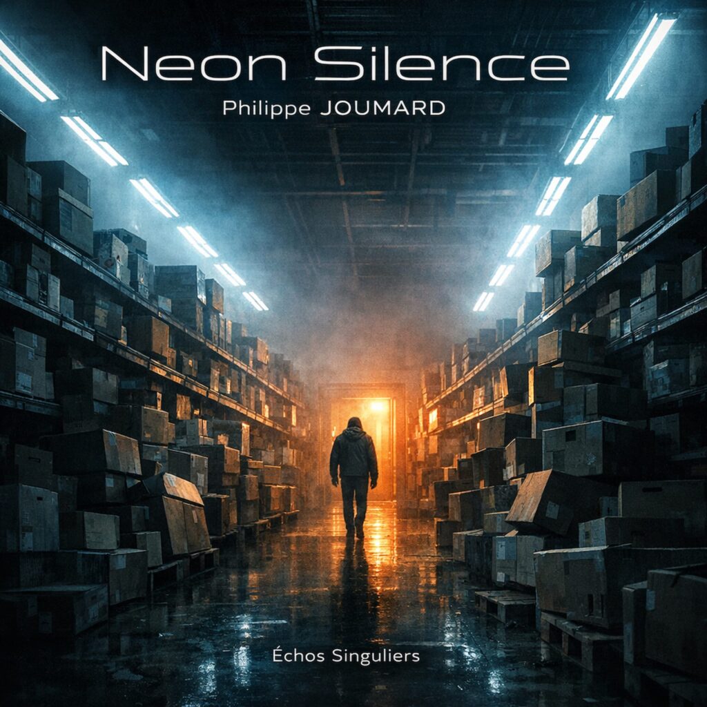 Official artwork of the single Neon Silence by electronic producer Philippe JOUMARD, showing a man walking away down a dark warehouse aisle lined with boxes under bright neon lights.