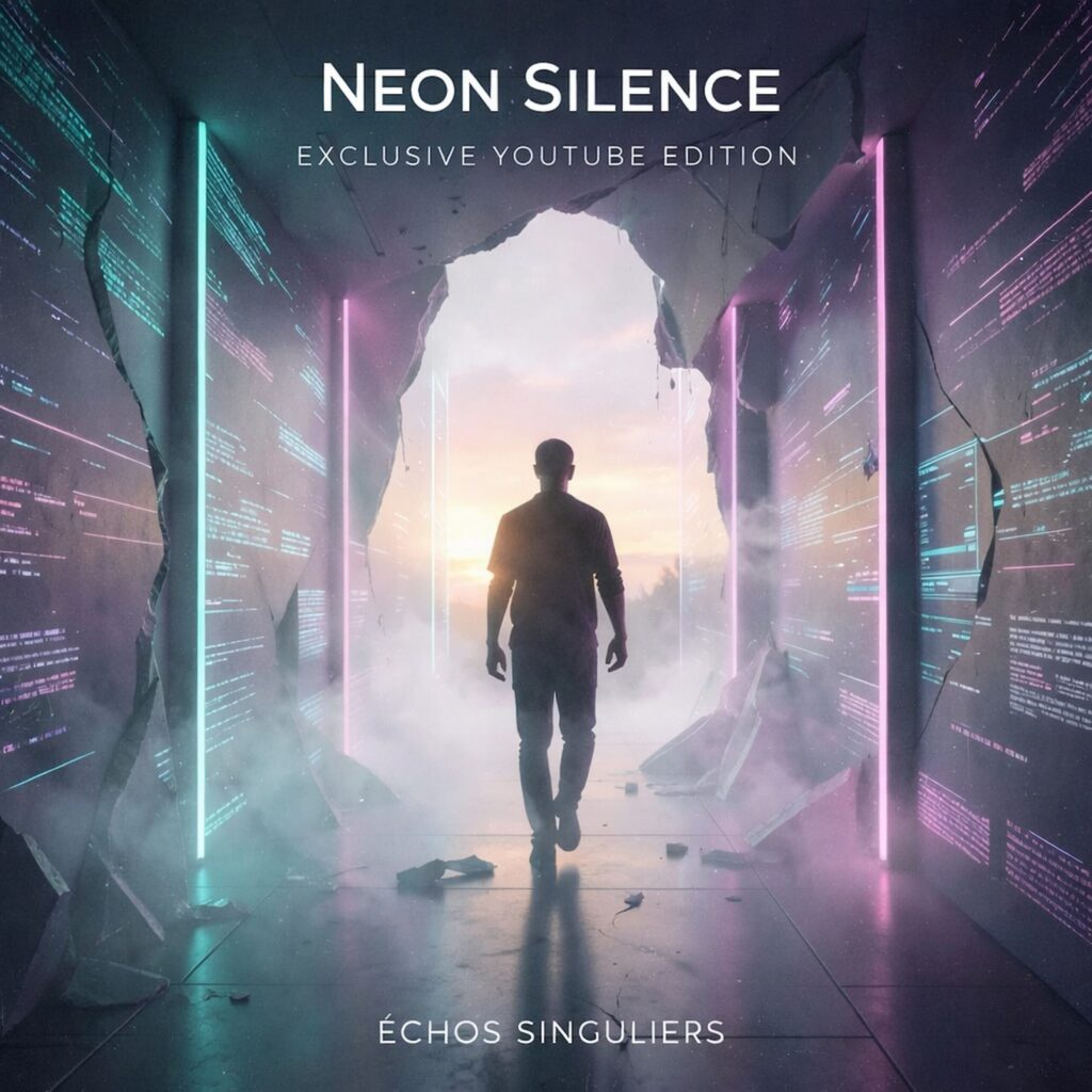 Official artwork of the single Neon Silence Exclusive YouTube Edition by electronic producer Philippe JOUMARD, showing a man silhouette walking through a broken wall flanked by digital neon screens.