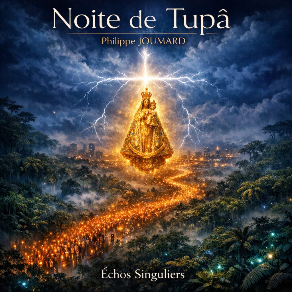 Official artwork of the single Noite de Tupã by electronic producer Philippe JOUMARD, featuring a glowing golden statue of Notre-Dame de l'Aparecida floating above a candlelit procession in a tropical forest with lightning.