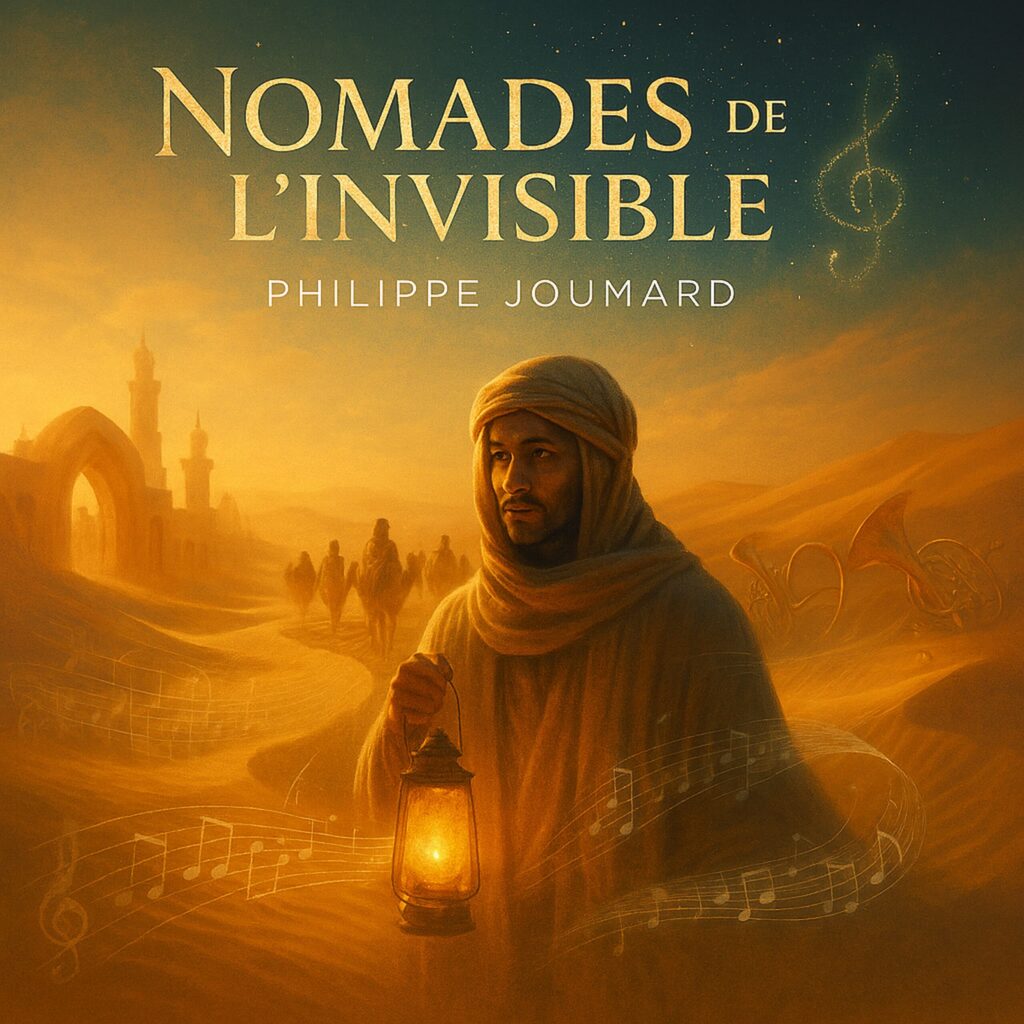 Official artwork of the single Nomades de l'Invisible by electronic producer Philippe JOUMARD, featuring a nomad with a lantern in a golden desert with musical staves.