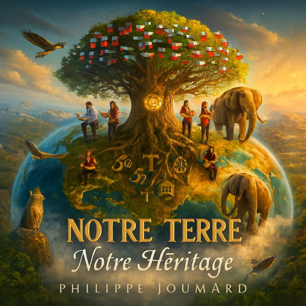 Official artwork of the single Notre Terre, Notre Héritage by electronic producer Philippe JOUMARD, featuring a giant tree growing over the planet Earth with animals, people, and flying birds at sunset.