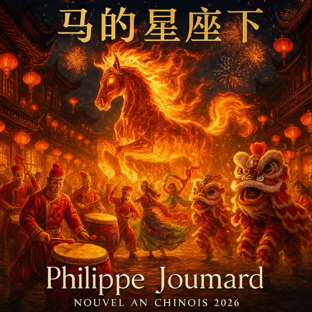 Official artwork of the single Nouvel An Chinois 2026 by electronic producer Philippe JOUMARD, featuring a flaming horse silhouette over a festival with dragon dancers and lanterns.