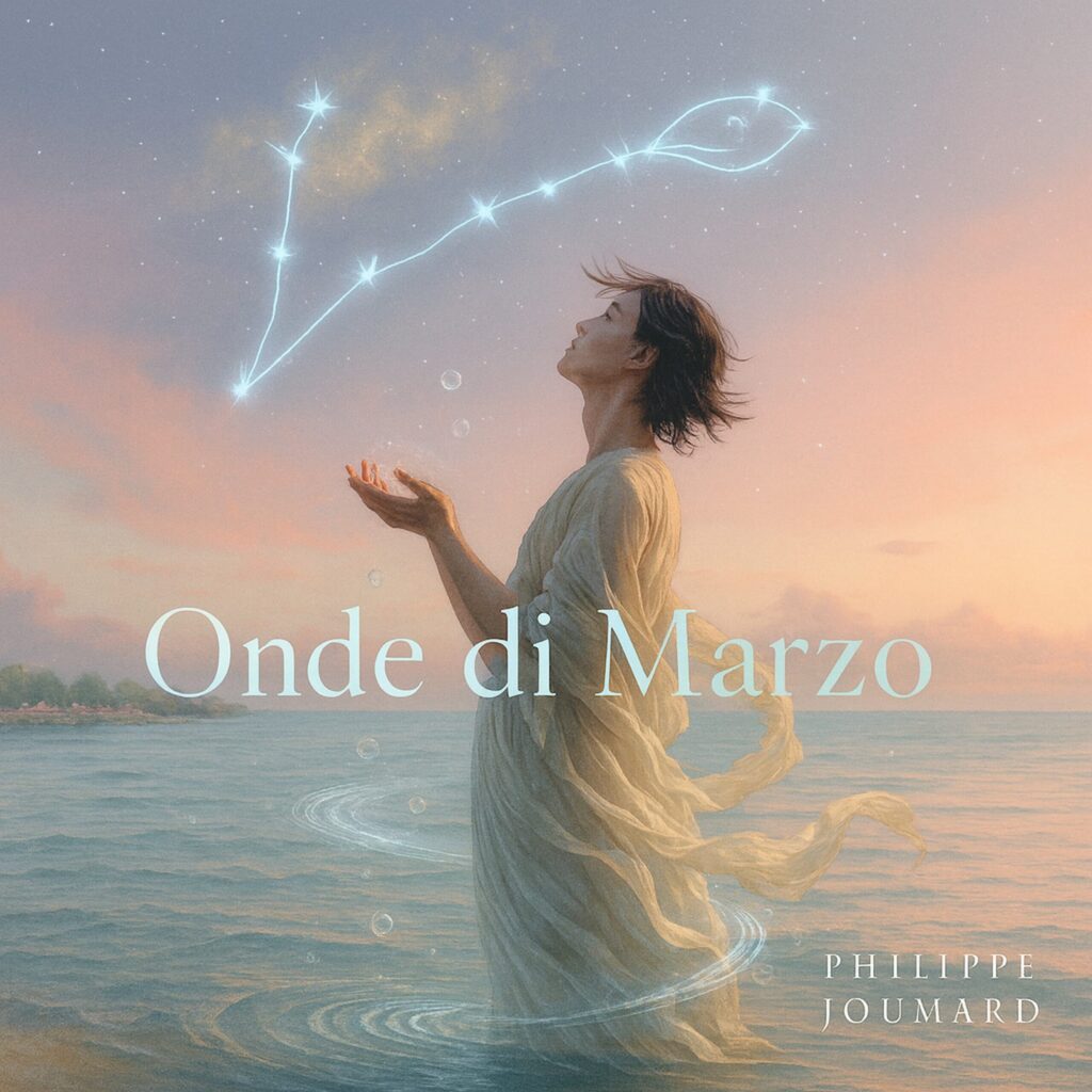 Official artwork of the single Onde di Marzo by electronic producer Philippe JOUMARD, featuring a person in a white dress standing in the sea under the Pisces constellation.