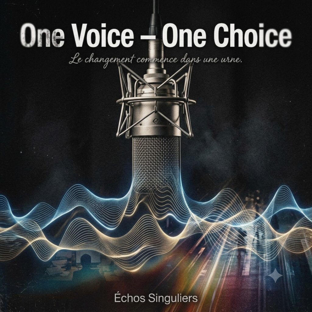 Official artwork of the single One Voice One Choice by electronic producer Philippe JOUMARD, featuring a professional studio microphone suspended over abstract blue and gold sound waves.
