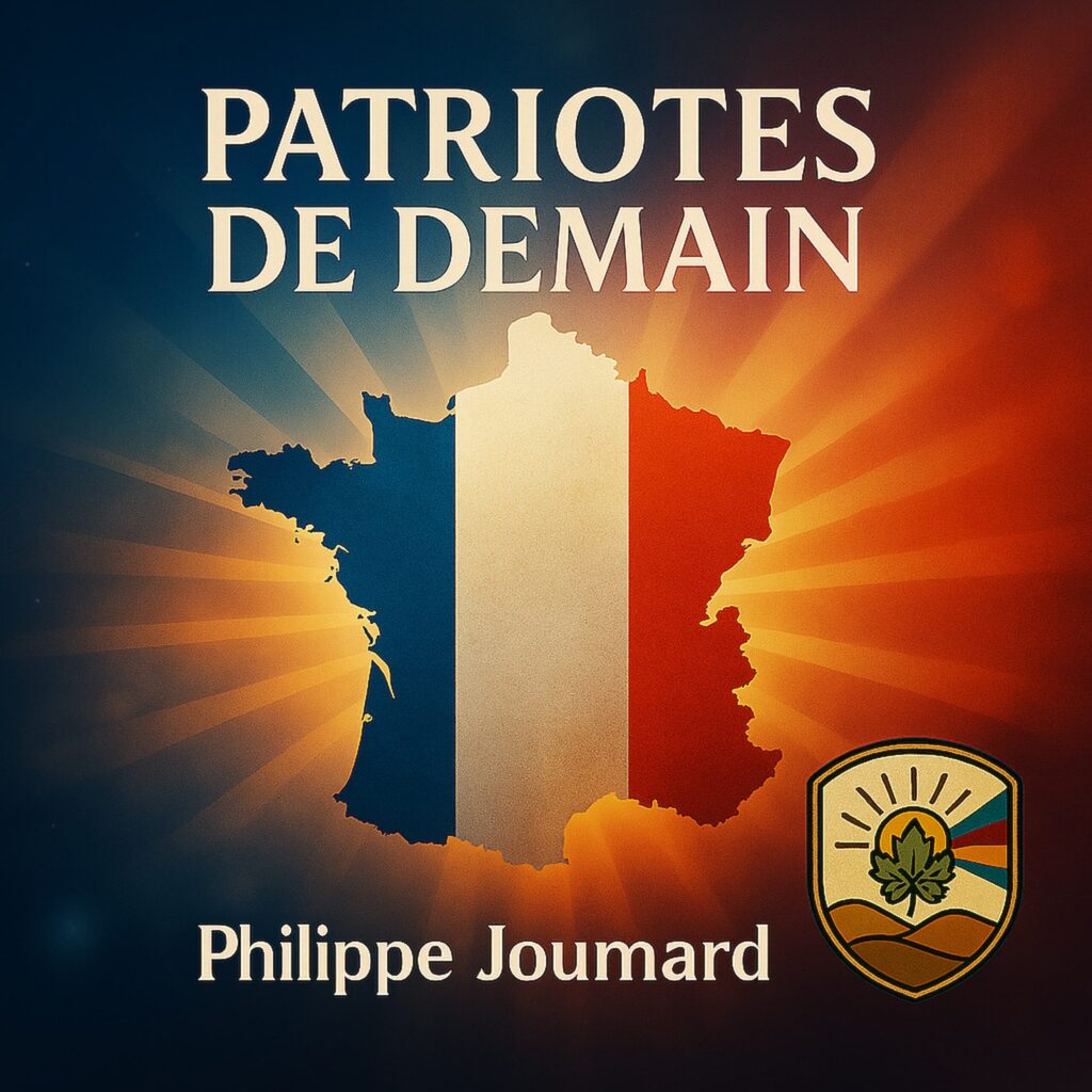 Official artwork of the single Patriotes de Demain by electronic producer Philippe JOUMARD, featuring the map of France with the tricolor flag glowing against radiating sunbeams.