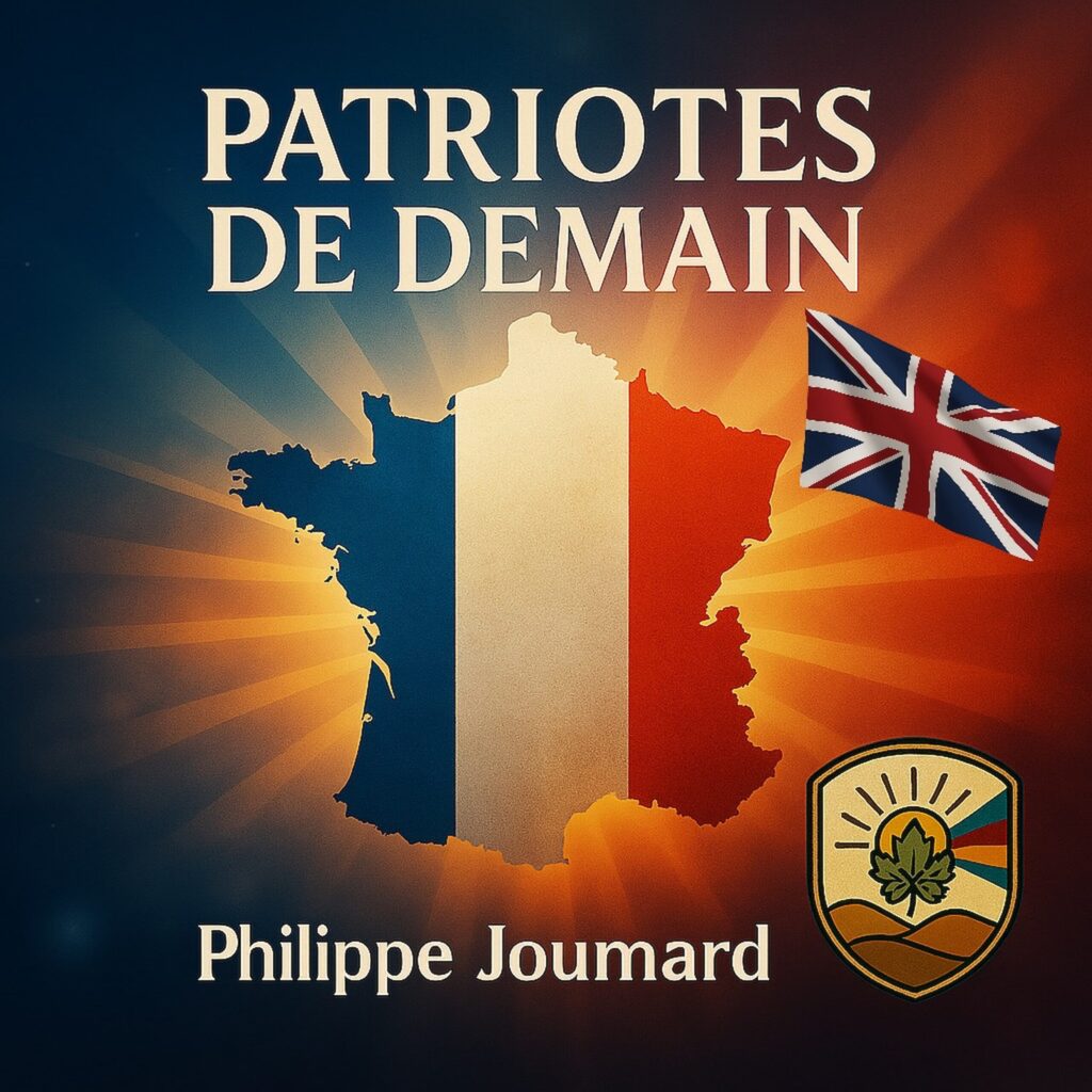 Official artwork of Patriotes de Demain English Version by electronic producer Philippe JOUMARD, featuring the map of France with the tricolor flag and a waving United Kingdom Union Jack flag.