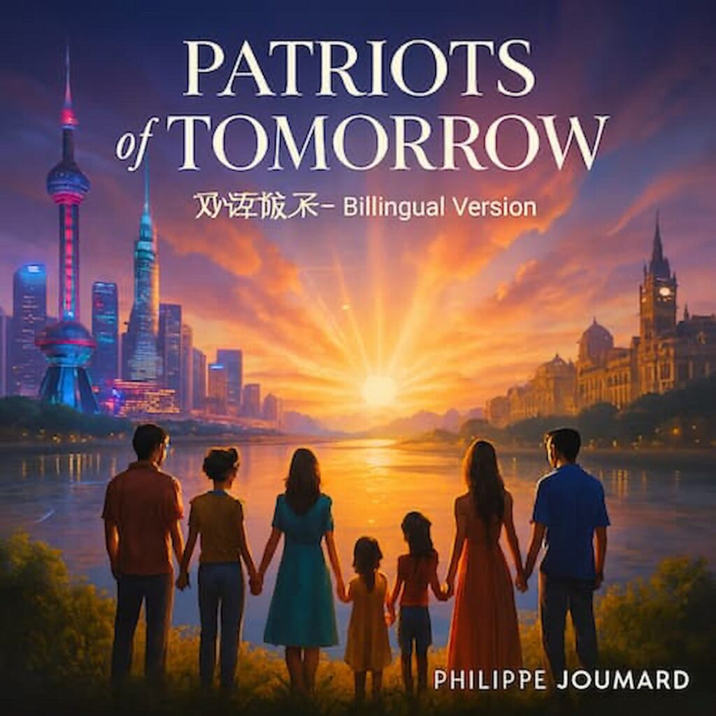 Official artwork of the single Patriots of Tomorrow Bilingual Version by electronic producer Philippe JOUMARD, featuring a group looking at a sunset over a river between the Shanghai skyline and Big Ben.