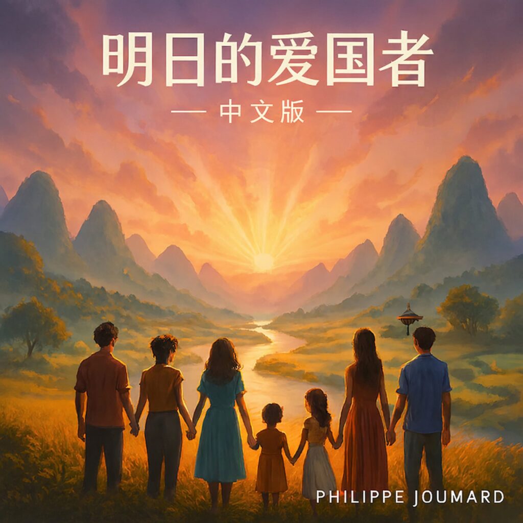 Official artwork of the single Patriots of Tomorrow Chinese Version 明日的爱国者 by electronic producer Philippe JOUMARD, featuring a family looking at a sunset over karst mountains and a river.