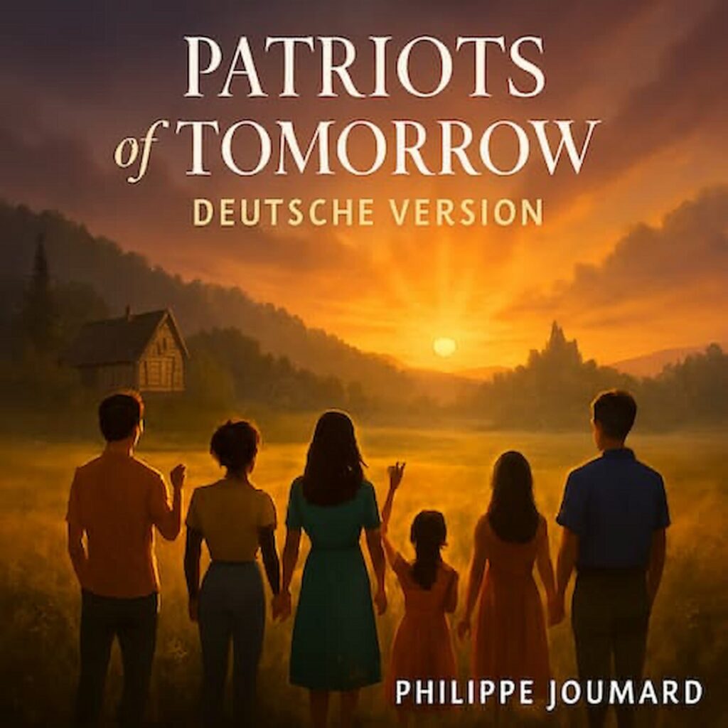 Official artwork of the single Patriots of Tomorrow Deutsche Version by electronic producer Philippe JOUMARD, featuring a family holding hands looking at a sunset over an alpine valley with a wooden cabin.