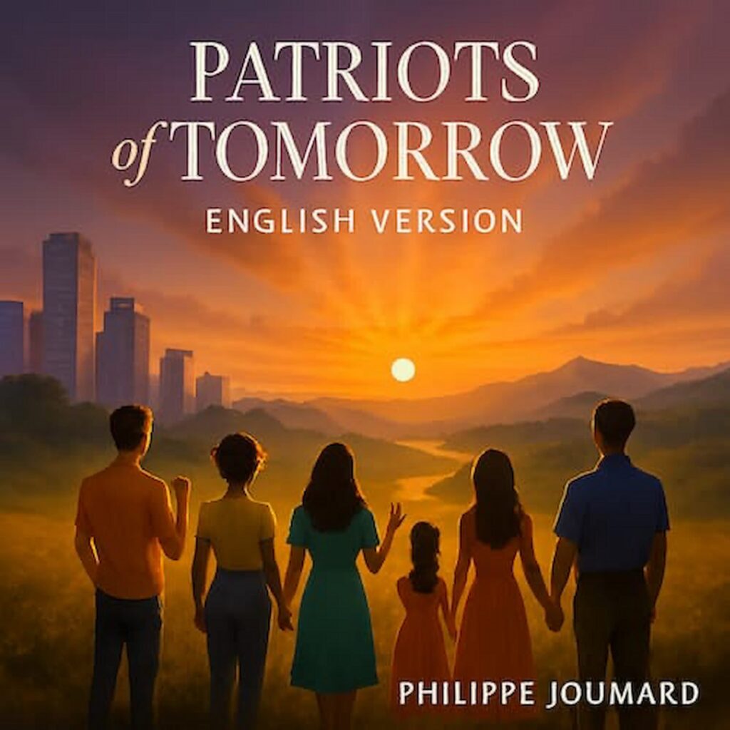 Official artwork of the single Patriots of Tomorrow English Version by electronic producer Philippe JOUMARD, featuring a group of people holding hands looking at a sunset over hills and a river.