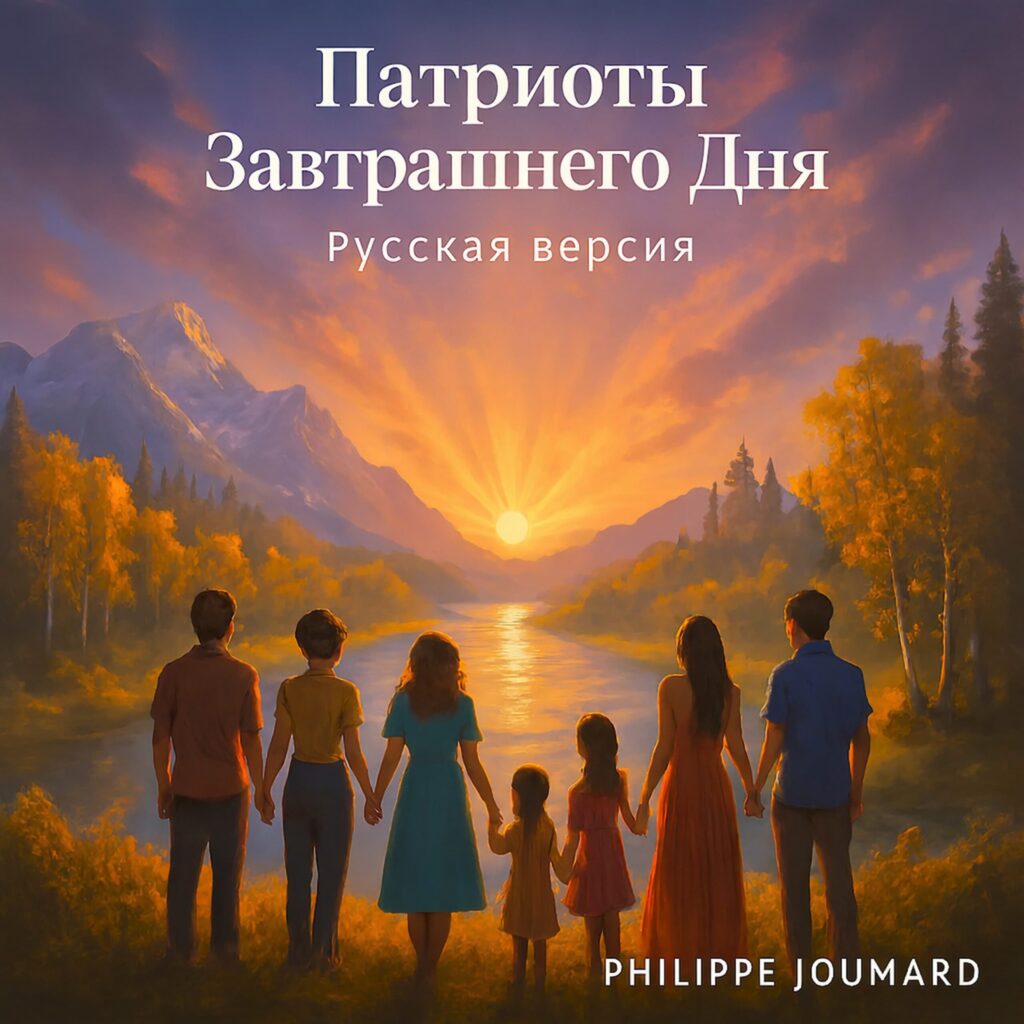 Official artwork of the single Patriots of Tomorrow Russian Version Патриоты Завтрашнего Дня by electronic producer Philippe JOUMARD, featuring a family looking at a radiating sunset over a lake and snowy mountains.