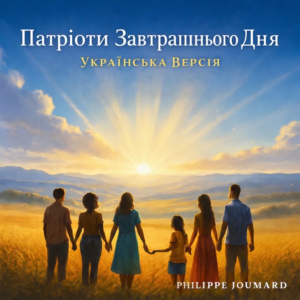 Official artwork of the single Patriots of Tomorrow Ukrainian Version Патріоти Завтрашнього Дня by electronic producer Philippe JOUMARD, featuring a family looking at a sunburst over hills and a golden field.