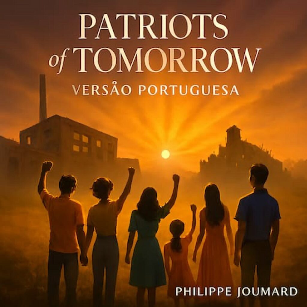 Official artwork of the single Patriots of Tomorrow Versão Portuguesa by electronic producer Philippe JOUMARD, featuring a group with raised fists looking at a sunset over old industrial buildings.