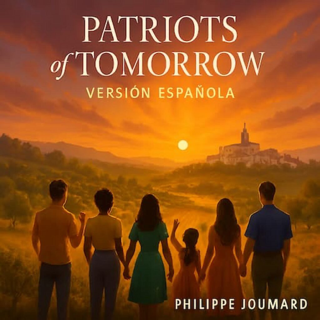 Official artwork of the single Patriots of Tomorrow Versión Española by electronic producer Philippe JOUMARD, featuring a family holding hands looking at a sunset over hills and a historic village.