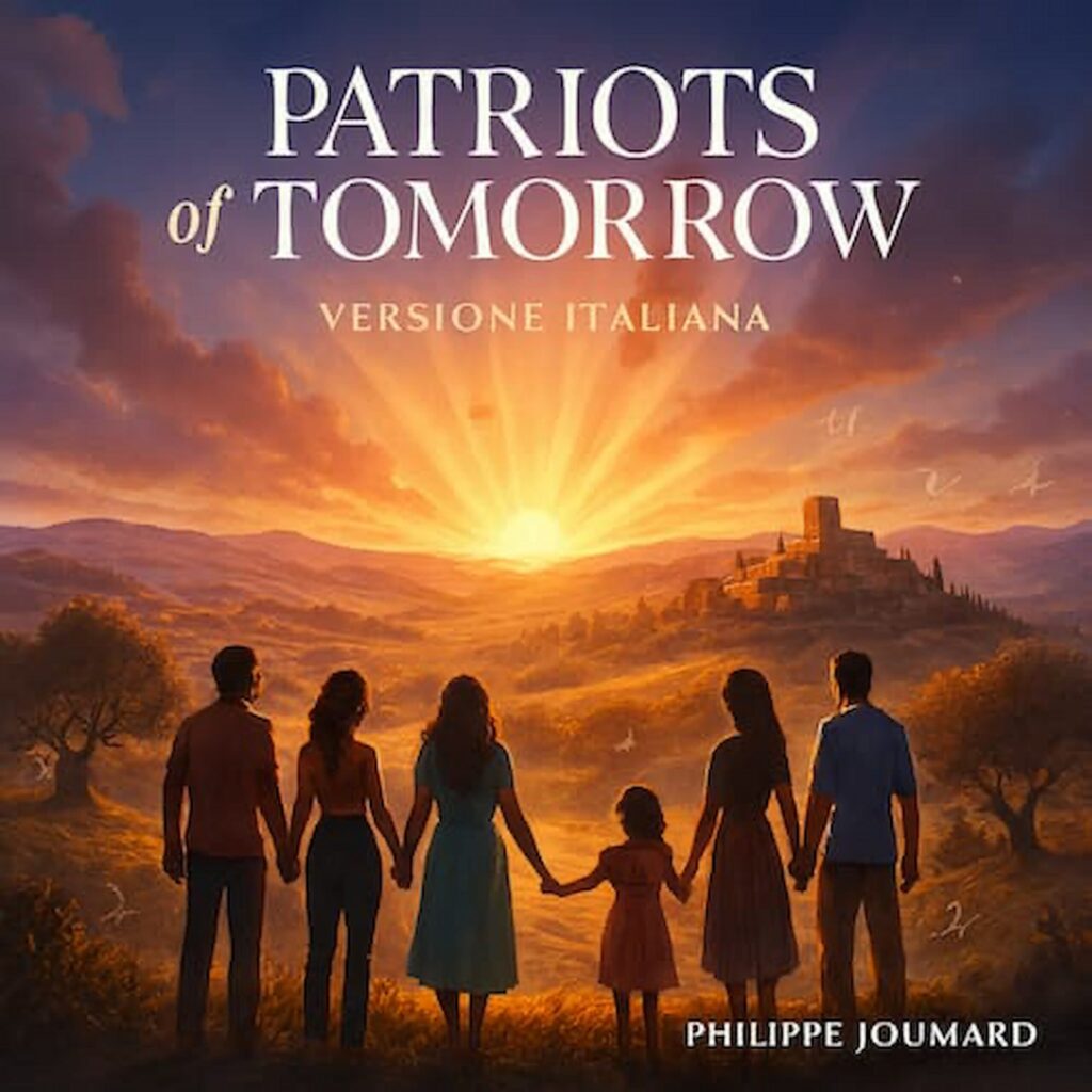 Official artwork of the single Patriots of Tomorrow Versione Italiana by electronic producer Philippe JOUMARD, featuring a group holding hands looking at a radiating sunset over a Tuscan hill town.
