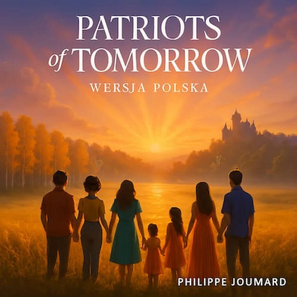 Official artwork of the single Patriots of Tomorrow Wersja Polska by electronic producer Philippe JOUMARD, featuring a family holding hands looking at a radiating sunset over a river with a castle on a hill.