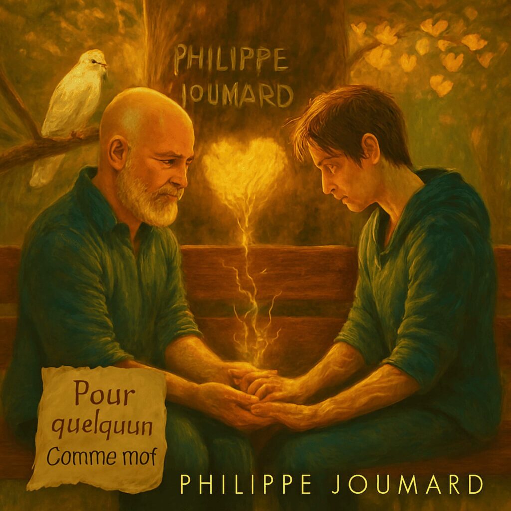 Official artwork of the single Pour quelqu'un comme moi by electronic producer Philippe JOUMARD, featuring two men holding hands on a bench with a glowing heart between them.