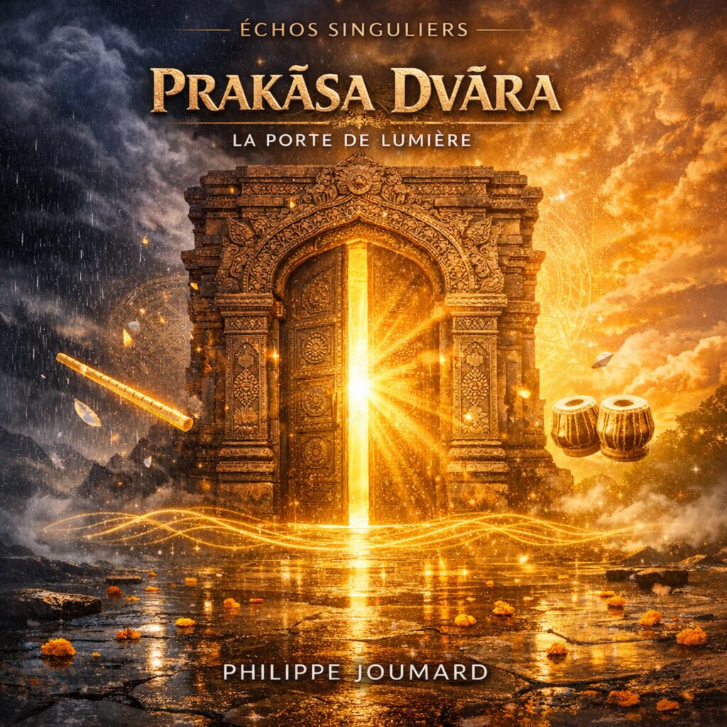 Official artwork of the single Prakāśa Dvāra La Porte de Lumière by electronic producer Philippe JOUMARD, featuring a glowing ancient stone archway with a bansuri flute and tablas.