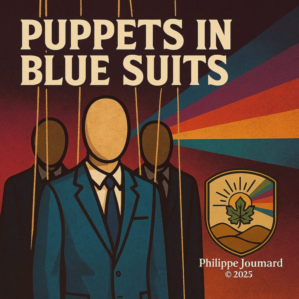 Official artwork of the single Puppets in Blue Suits by electronic producer Philippe JOUMARD, showing faceless puppet figures in business suits with marionette strings and a rainbow beam.