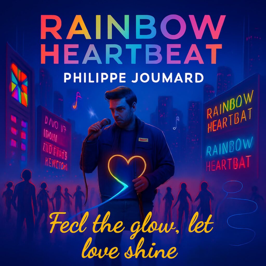 Official artwork of the single Rainbow Heartbeat by electronic producer Philippe JOUMARD, featuring a singer with a neon rainbow heart against a cyberpunk city background.