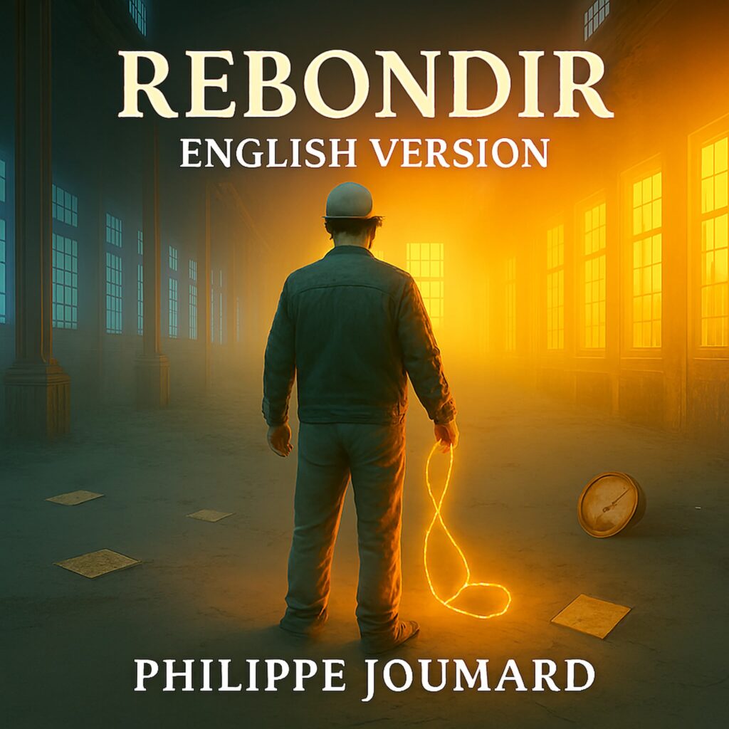 Official artwork of the single Rebondir English Version by electronic producer Philippe JOUMARD, showing a man with a cap holding a glowing golden wire in a misty industrial hall.