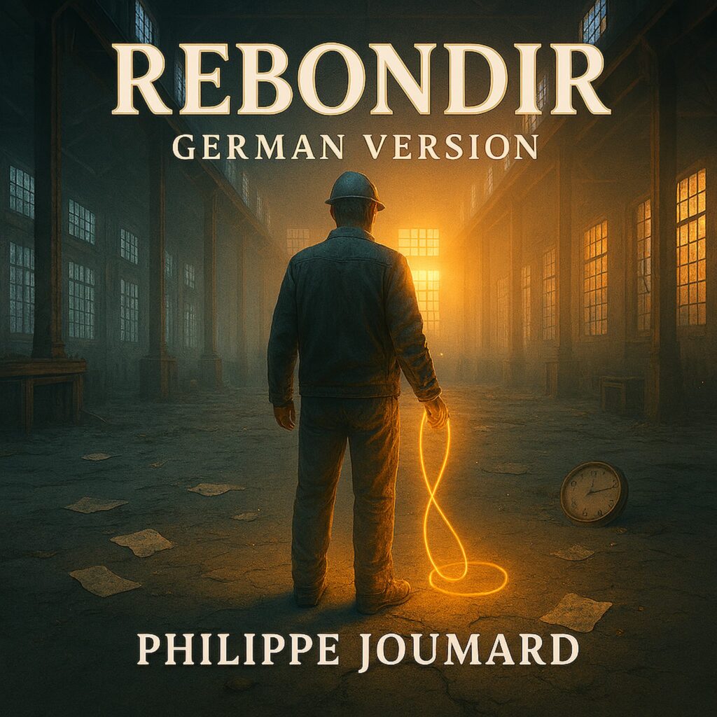 Official artwork of the single Rebondir German Version by electronic producer Philippe JOUMARD, showing a man with a hard hat holding a glowing golden wire loop in a dark industrial hall.