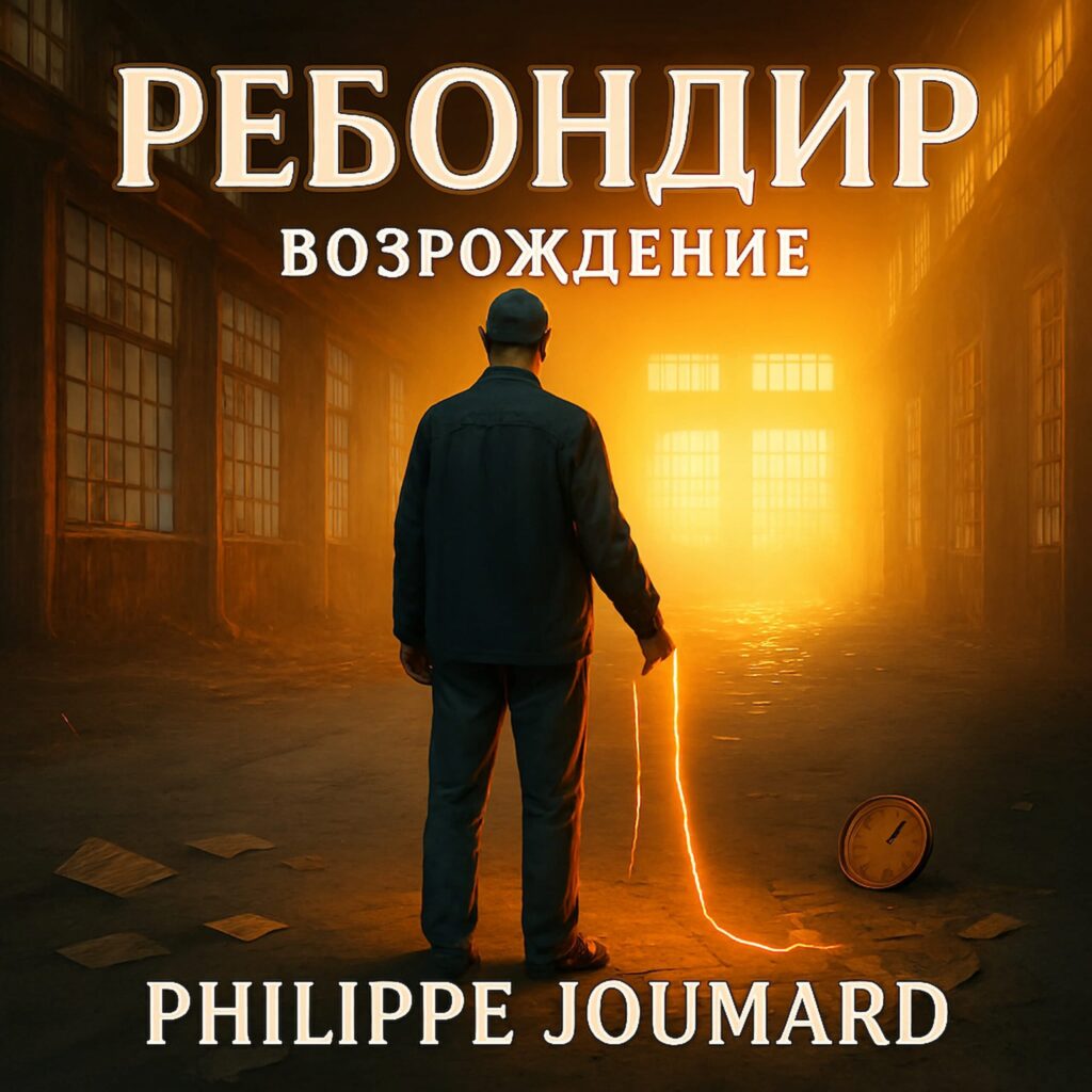 Official artwork of the single Rebondir Russian Version РЕБОНДИР Возрождение by electronic producer Philippe JOUMARD, showing a worker silhouette holding a glowing wire in a dark industrial hall.