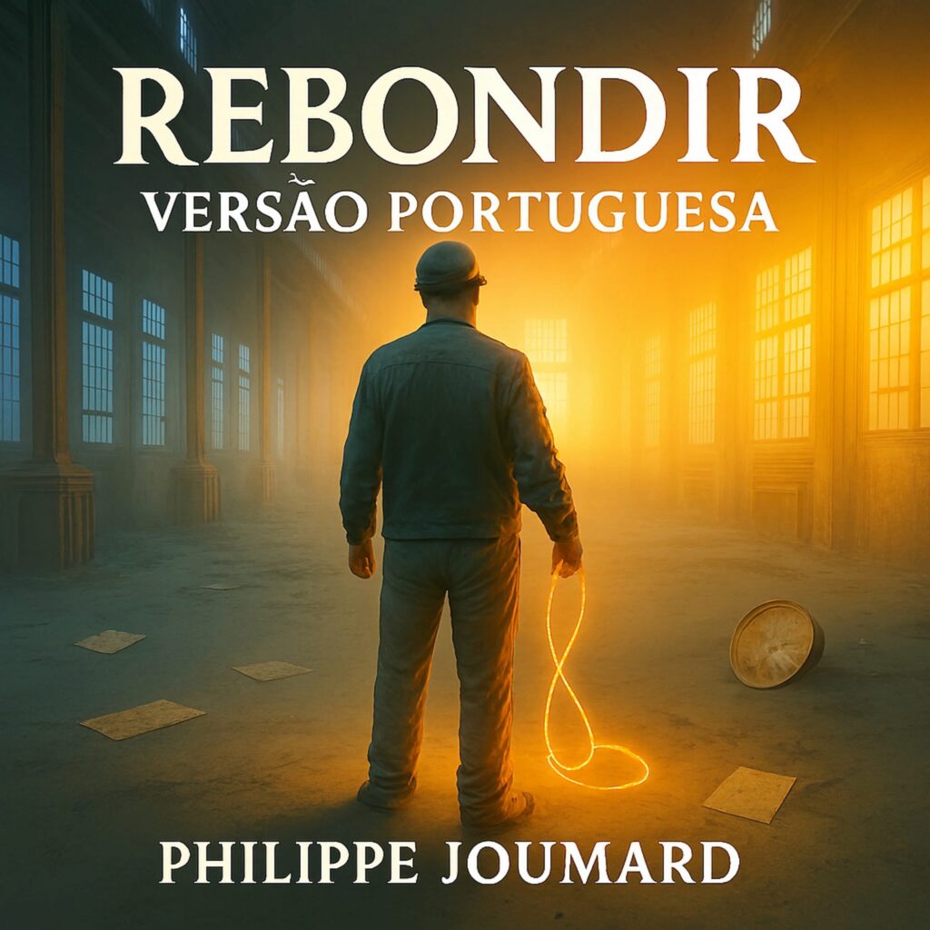 Official artwork of the single Rebondir Versão Portuguesa by electronic producer Philippe JOUMARD, showing a worker silhouette holding a glowing golden wire loop in a misty industrial warehouse.