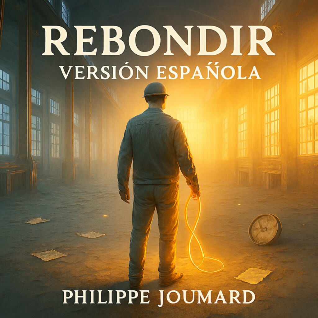 Official artwork of the single Rebondir Versión Española by electronic producer Philippe JOUMARD, showing a worker holding a glowing golden wire loop in a bright misty factory.