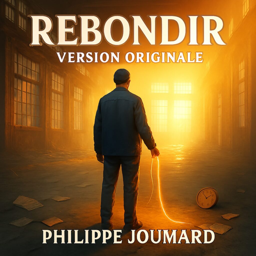 Official artwork of the single Rebondir Version Originale by electronic producer Philippe JOUMARD, showing a man from behind holding a glowing wire in an abandoned warehouse facing a bright light.