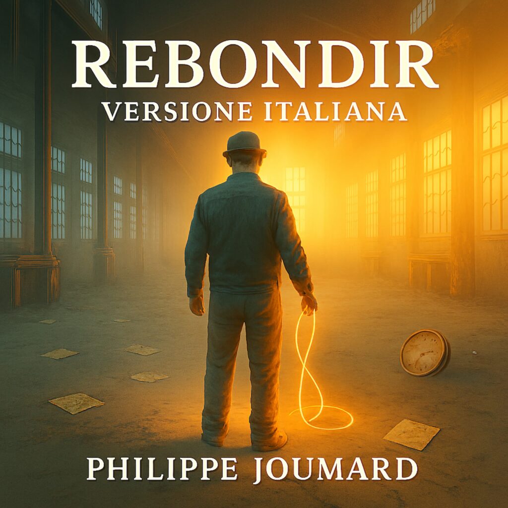 Official artwork of the single Rebondir Versione Italiana by electronic producer Philippe JOUMARD, showing a man with a hat holding a glowing golden wire loop in a misty warehouse.