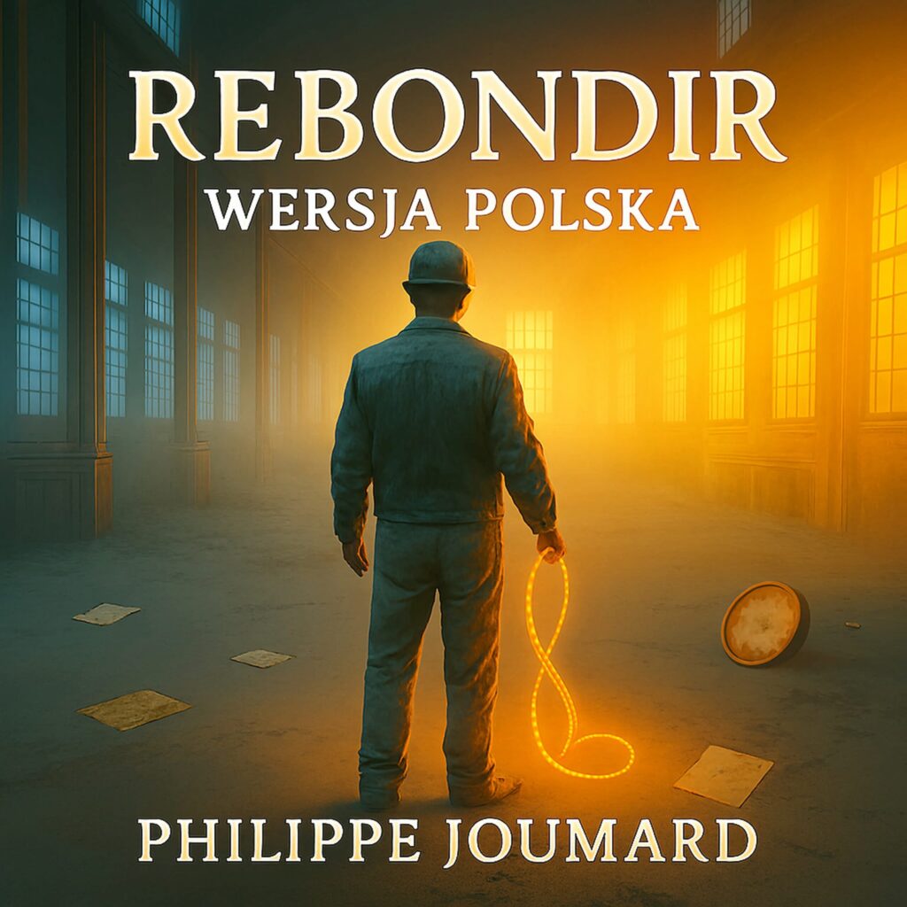 Official artwork of the single Rebondir Wersja Polska by electronic producer Philippe JOUMARD, showing a worker silhouette holding a glowing golden wire loop in a misty industrial hall.