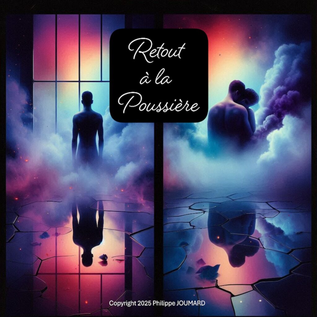 Official artwork of the single Retour à la Poussière by electronic producer Philippe JOUMARD, showing a male silhouette and an embracing couple reflected on a cracked floor amid colorful smoke.