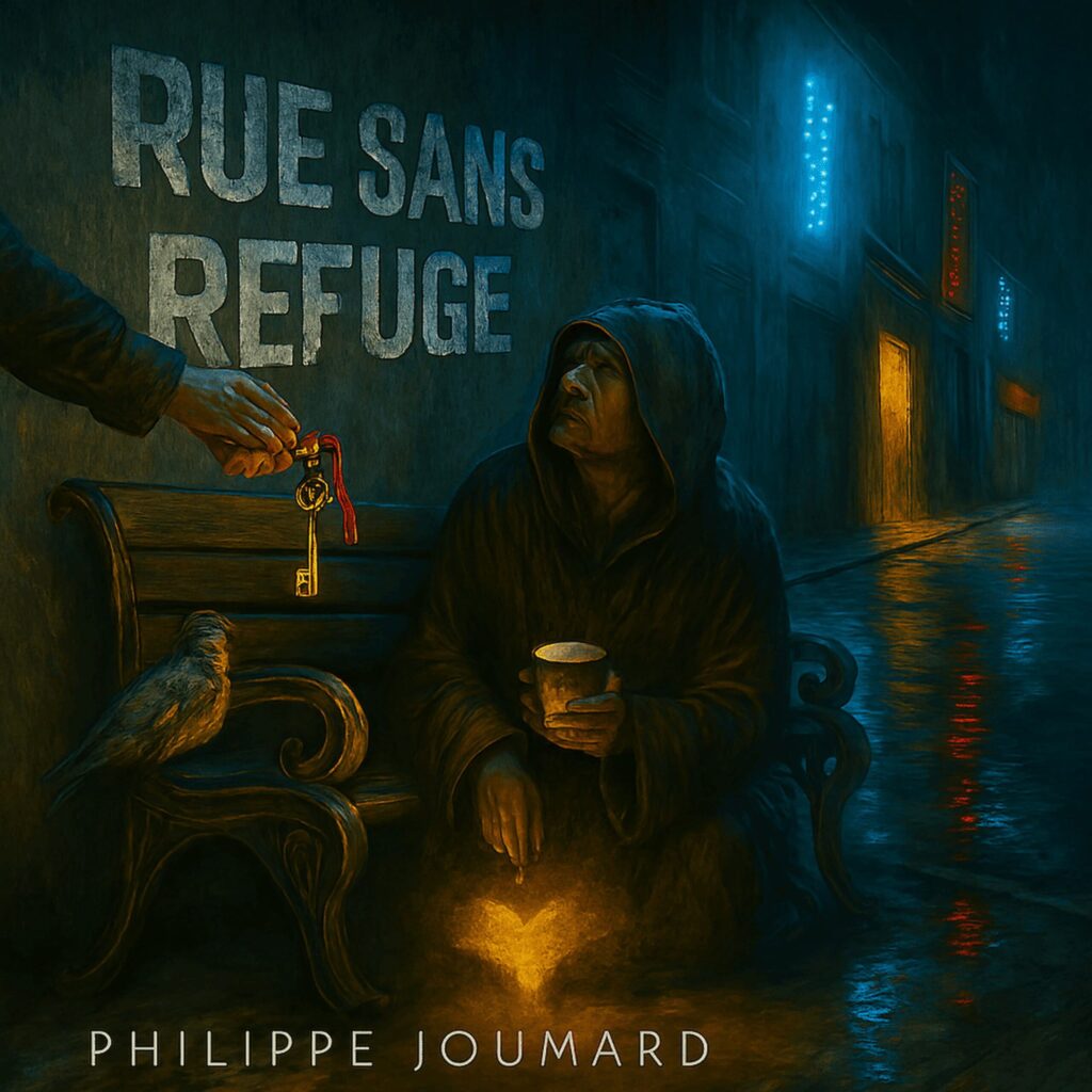 Official artwork of the single Rue sans Refuge by electronic producer Philippe JOUMARD, featuring a homeless person on a bench receiving keys in a dark rainy street.